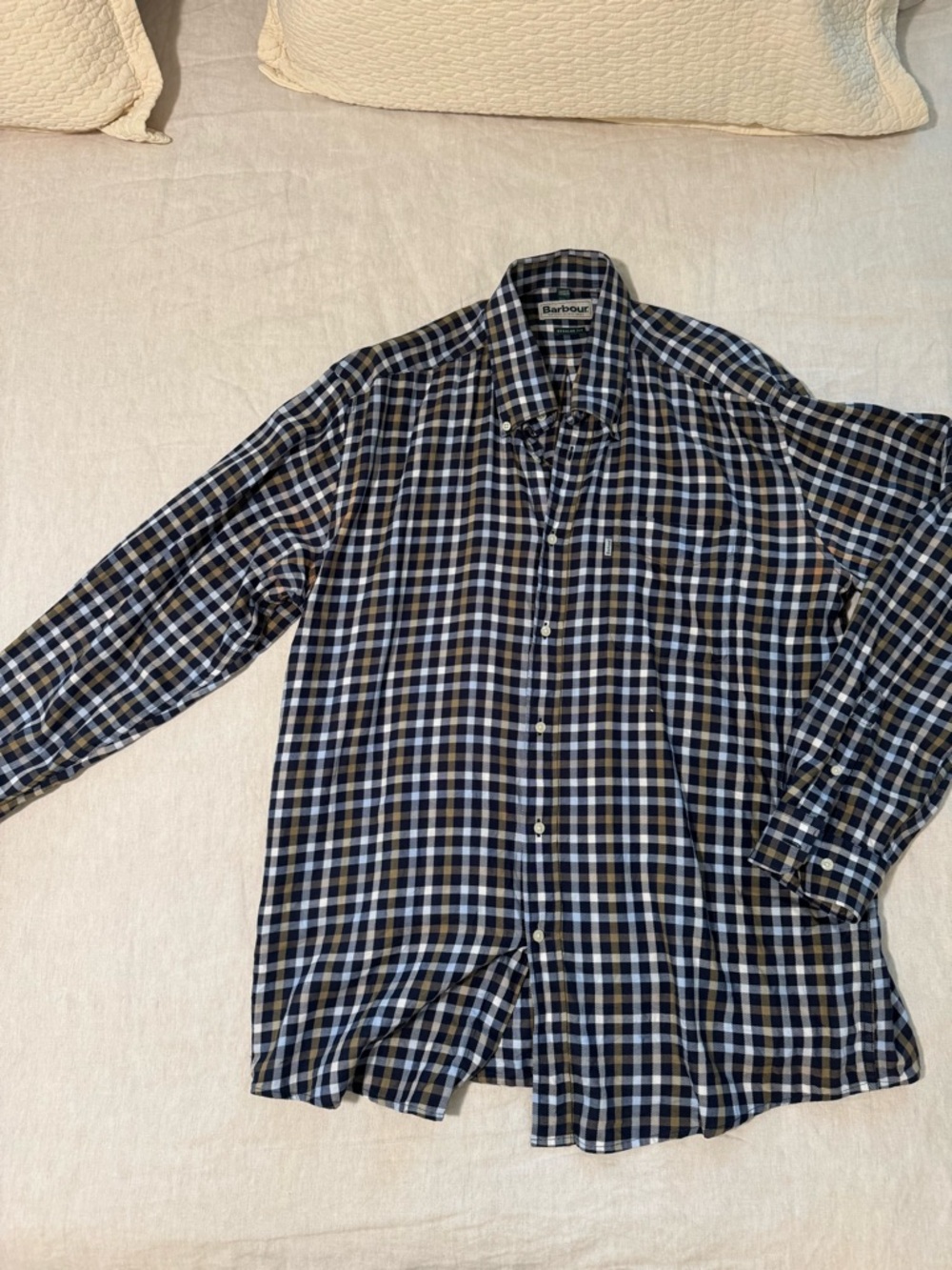 Barbour Navy, White & Tan Plaid Button-Down Shirt